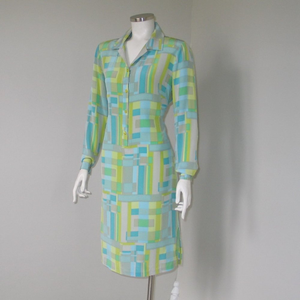 Bob Mackie Studio Silk Long Sleeve Shift Shirtdress Dress Geometric print 10